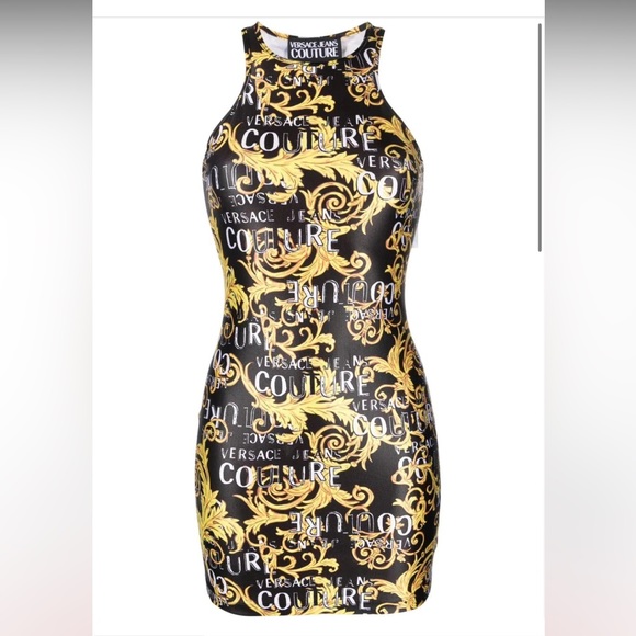 NWT VERSACE Jeans Couture WOMEN Baroque Logo Print Mini Dress Black Gold - Picture 13 of 13